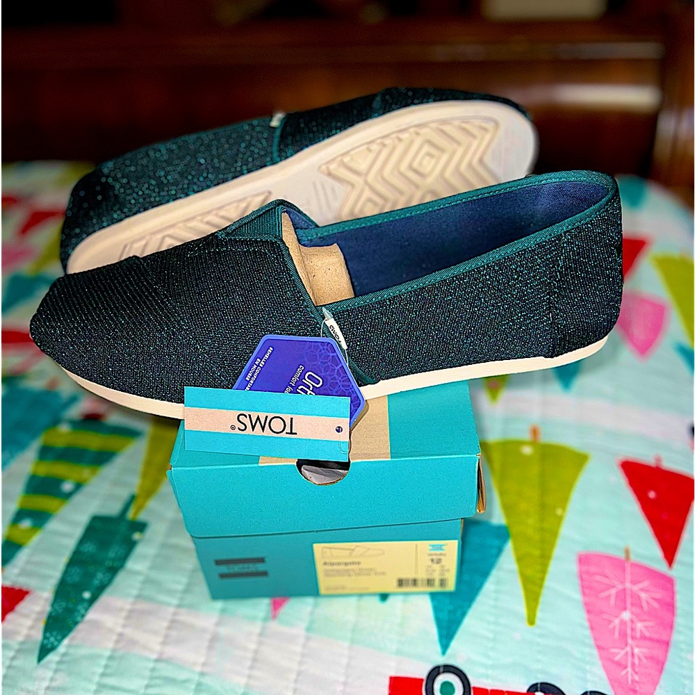 Toms Women’s Size 12 Galapagos Green Sparkling Glitter Alpargata Shoes. NIB